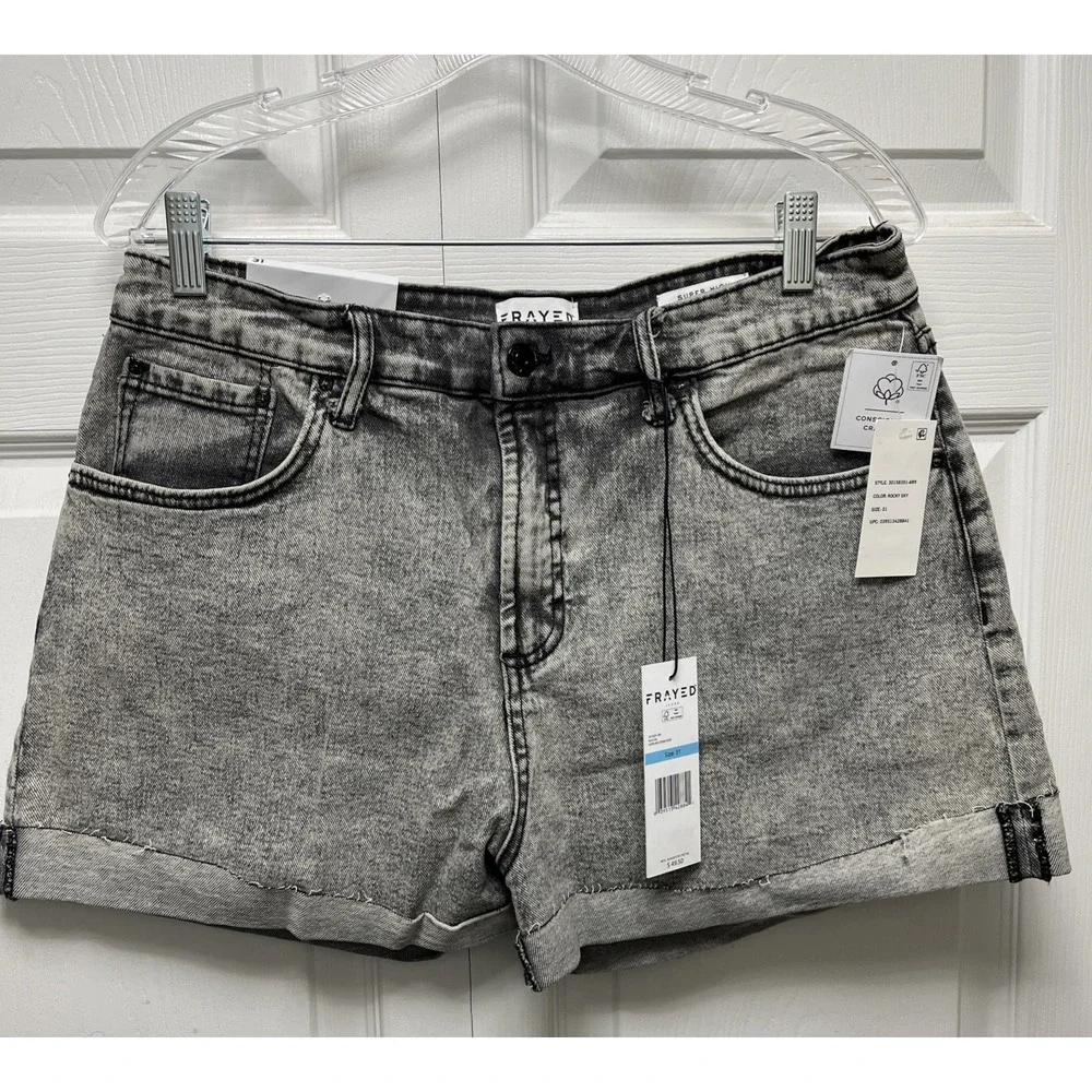 FRAYED Super High Rise Distressed Denim Rolled Cuff Shorts 31 stonewashed black